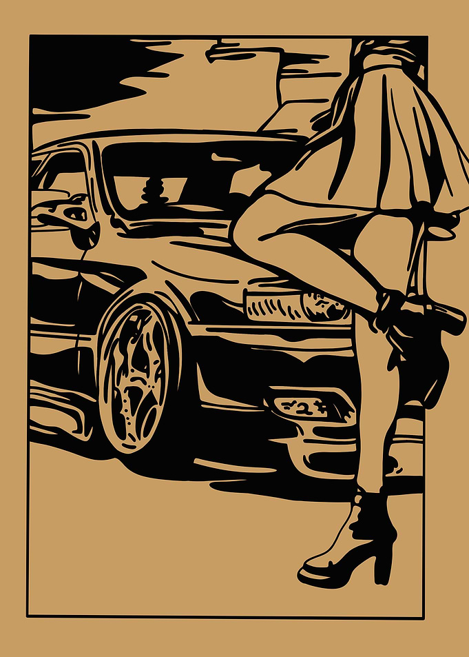 Car and Woman Silhouette Art