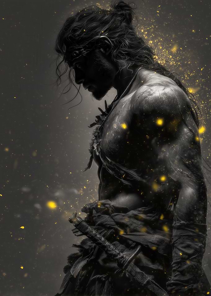Warrior in Shadow with Golden Sparks