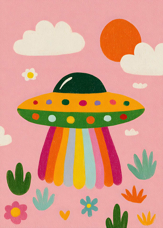 Colorful UFO in a Pink Landscape