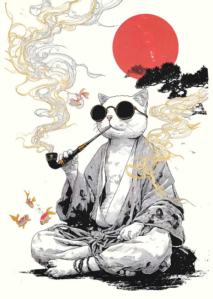 Cat in Kimono Smoking Pipe Art