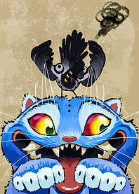 Blue Cat Derpy and Crow Illustration