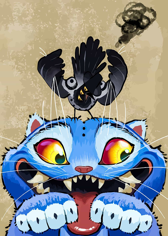Blue Cat Derpy and Crow Illustration