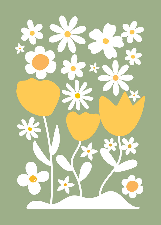 Floral Illustration with Daisies and Tulips