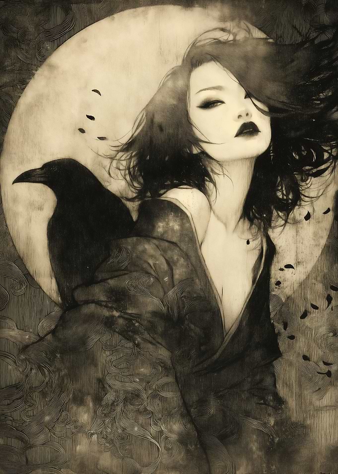 Mystical Asian Woman with Raven
