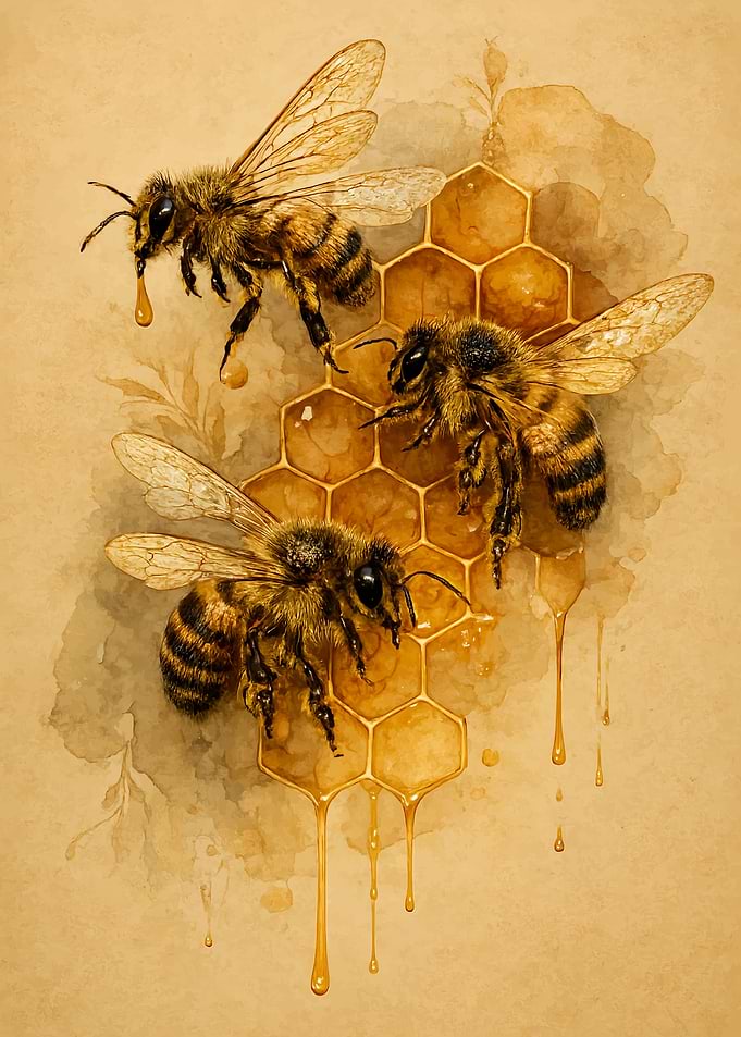 Bees and Honeycomb Watercolor Art