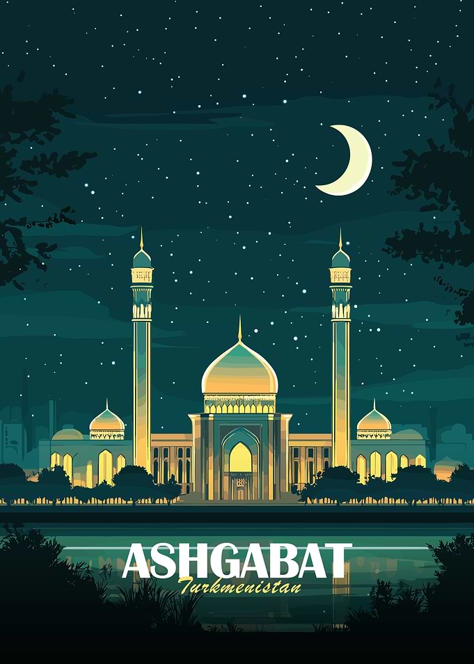 Ashgabat, Turkmenistan Nightscape Illustration