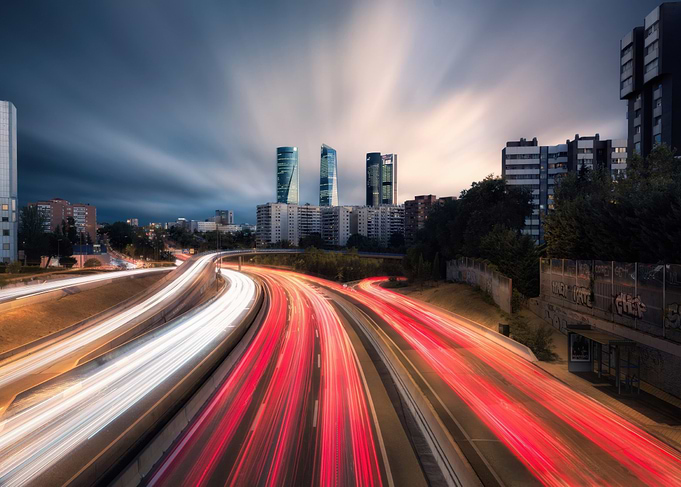 Cityscape with Light Trails and Skyscrapers