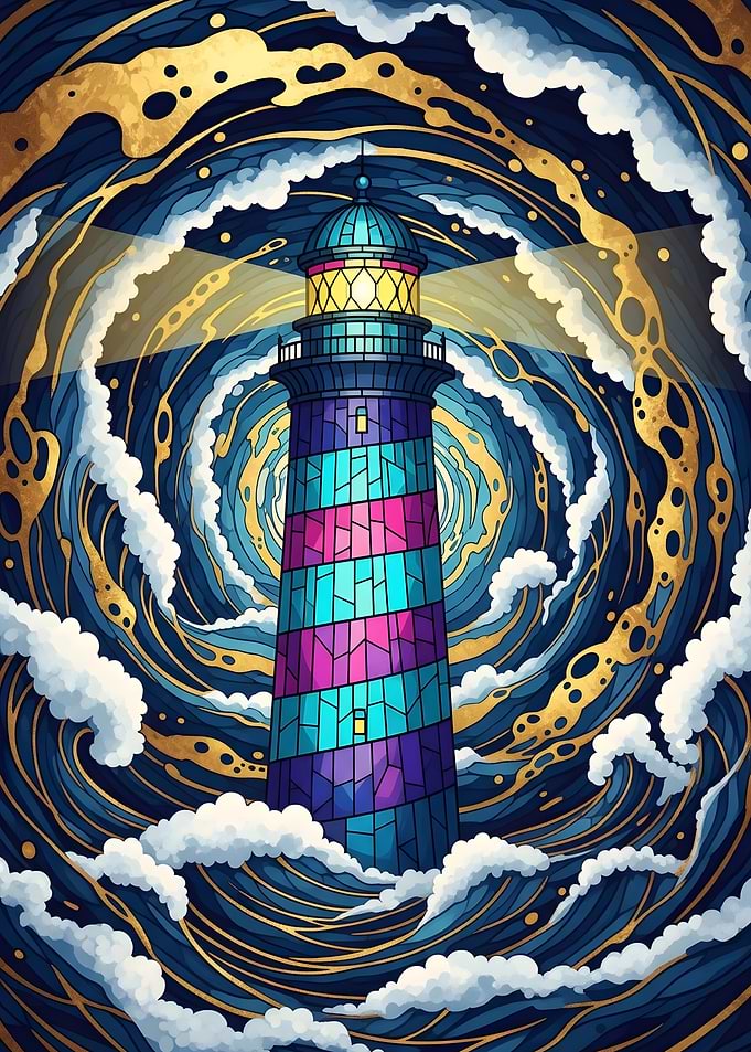 Lighthouse in Swirling Sea