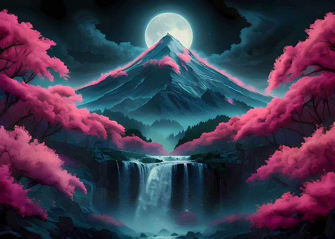 Mountain, Waterfall, and Cherry Blossoms