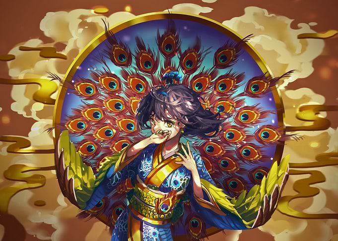 Girl with Peacock Feather Background