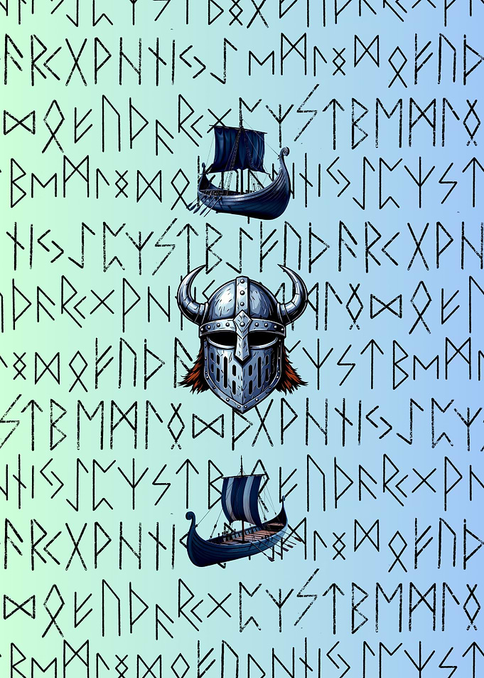 Viking Ships and Helmet with Runes