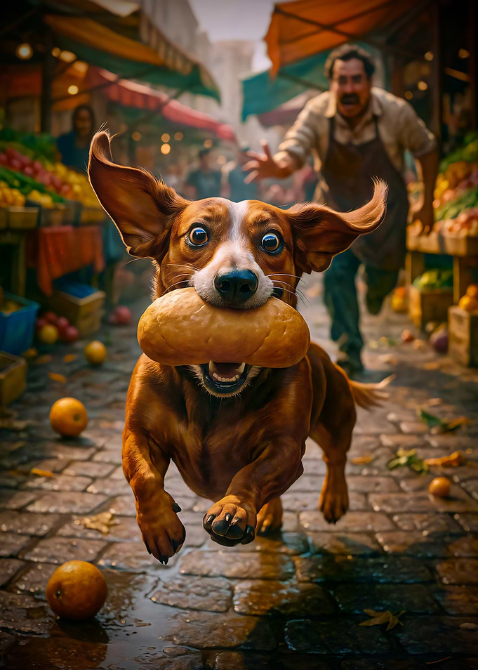 Dog steals bread at the market