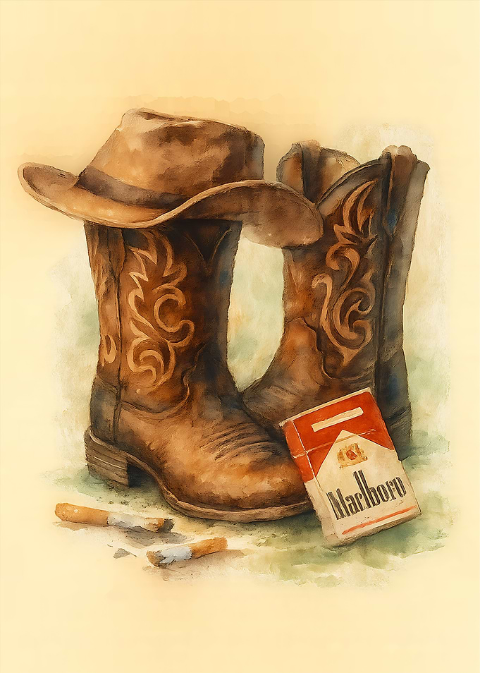 Cowboy Boots, Hat, and Cigarettes Watercolor