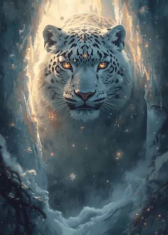 Snow Leopard Portrait in Winter Cave