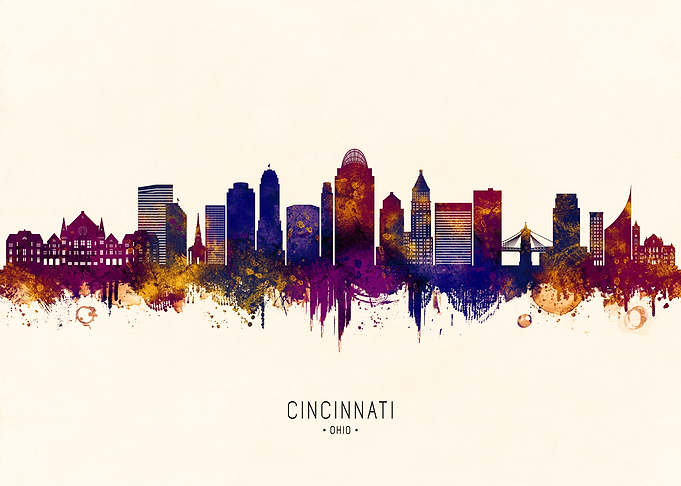 Cincinnati Ohio Skyline Watercolor Art