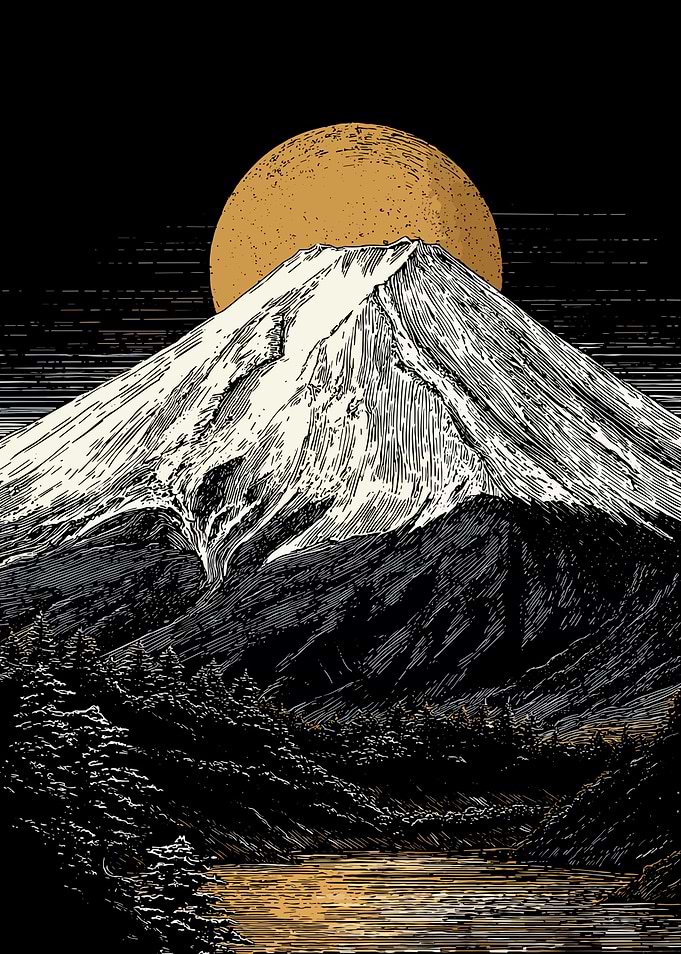 Mount Fuji Engraving with Golden Moon