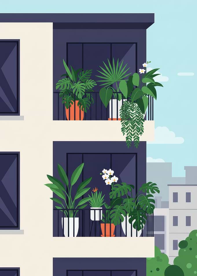 Apartment Building with Balcony Plants