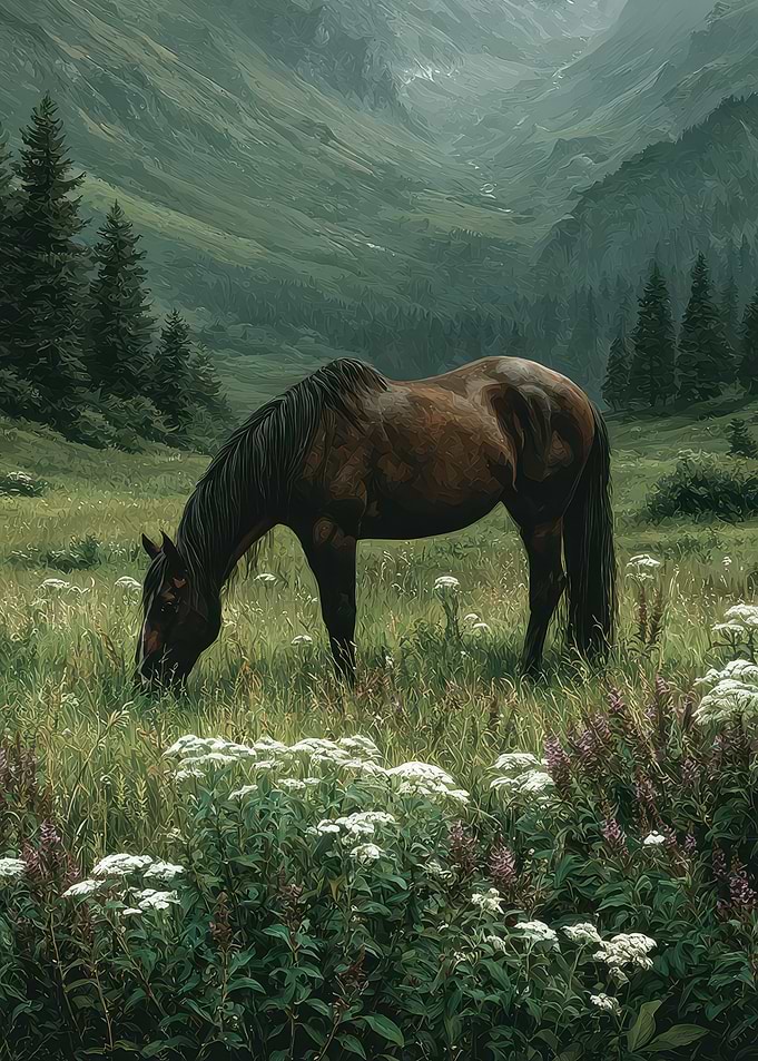 Horse Grazing in Mountain Meadow