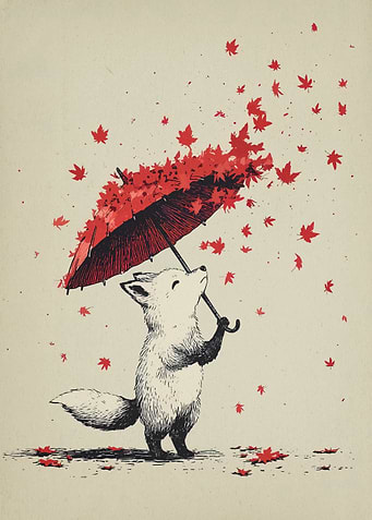 Fox with Maple Leaf Umbrella