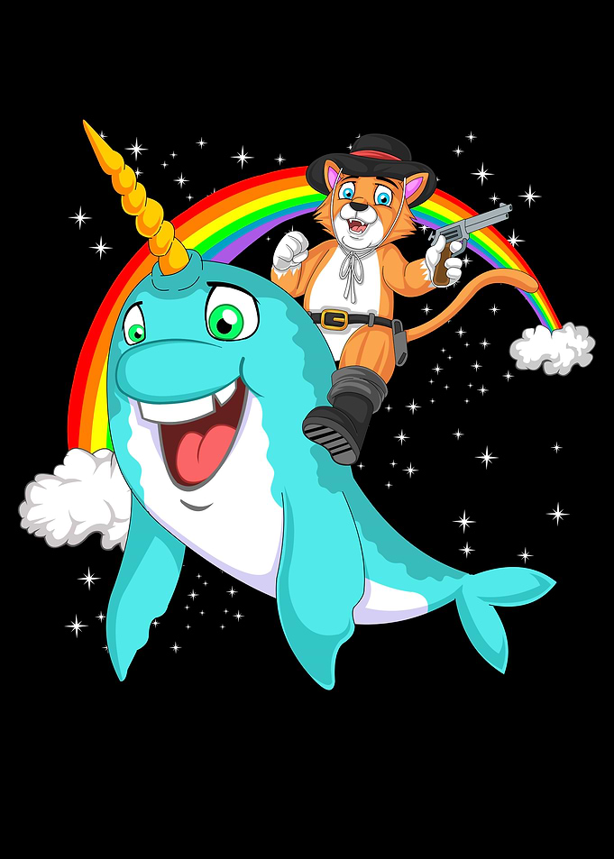 Cartoon Cowboy Cat Riding Narwhal