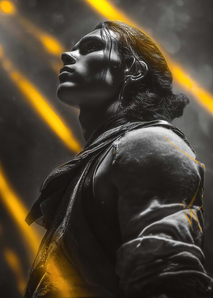 Monochrome Man with Golden Light Streaks