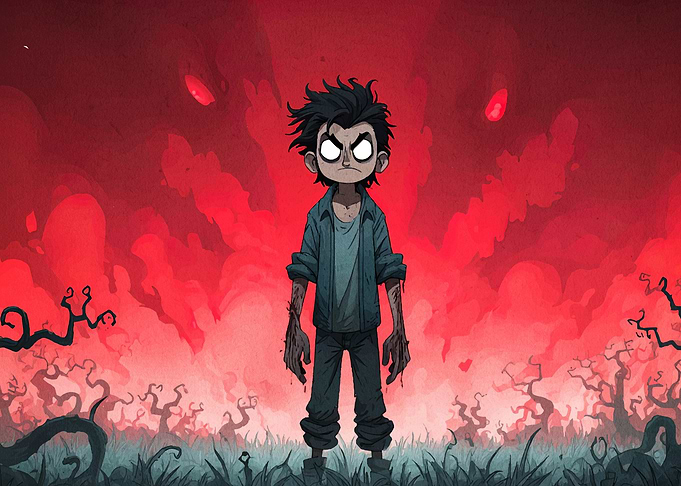 Creepy Boy in Red Landscape