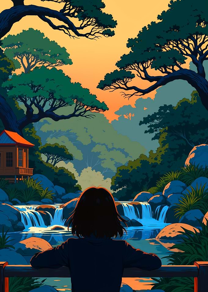 Woman Gazing at Waterfall Landscape
