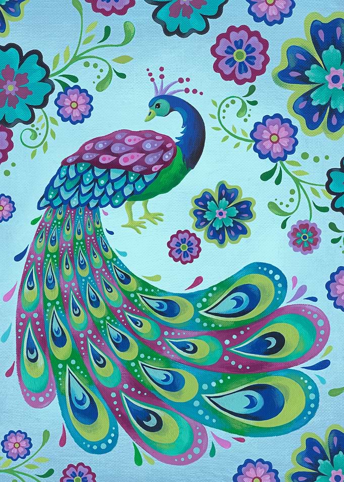 Colorful Peacock and Floral Pattern Painting