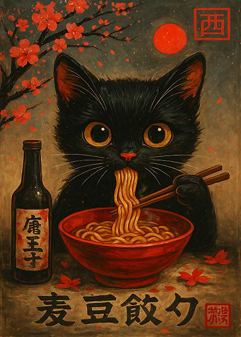 Black Cat Eating Ramen Illustration