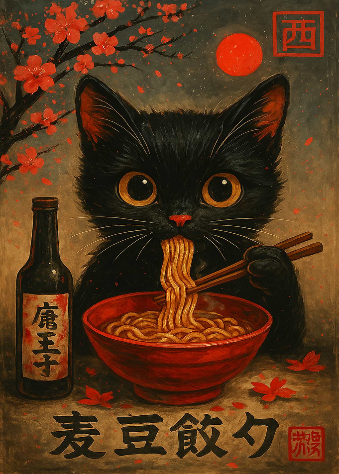 Black Cat Eating Ramen Illustration