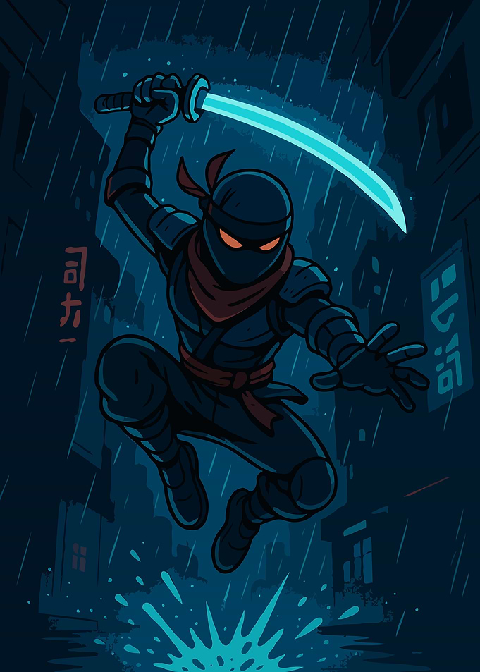 Cyber Ninja in the Rain – Futuristic Samurai Warrior Art