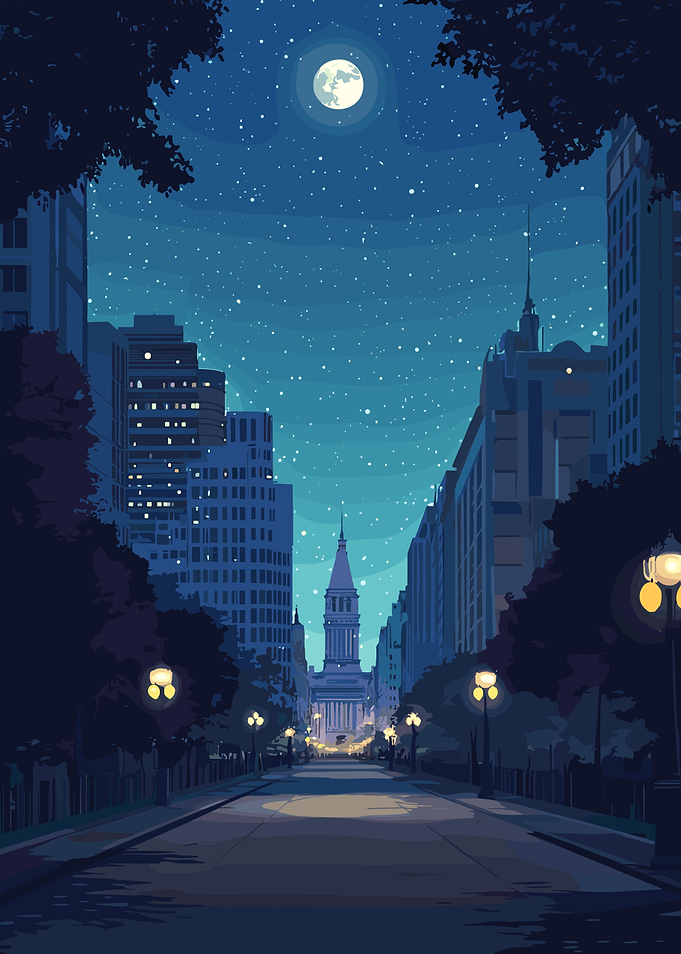 City Street at Night with Moon