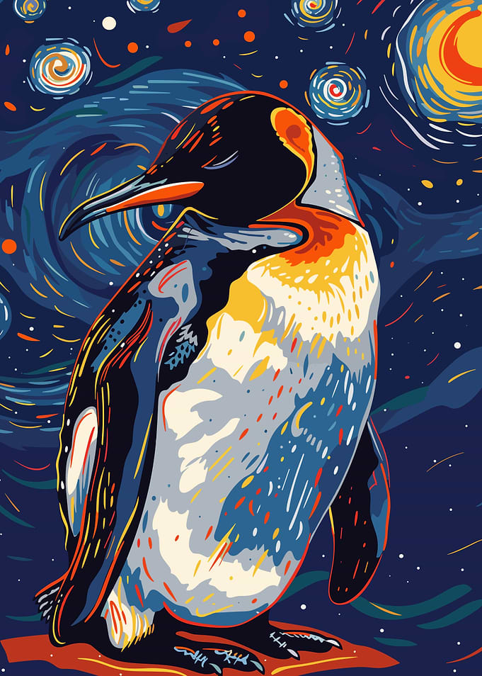 Penguin in Starry Night Style