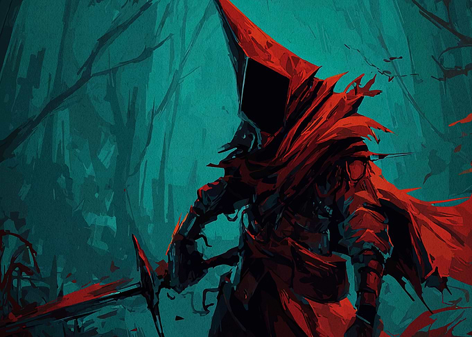 Red Hooded Warrior in Teal Forest