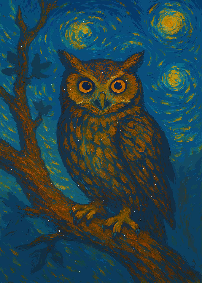 Owl in Starry Night Painting