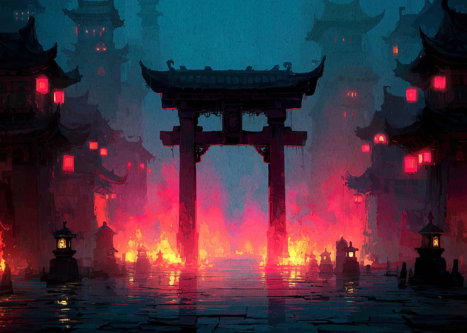 Burning Japanese Cityscape with Torii Gate