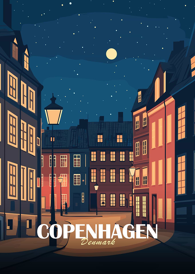 Copenhagen Denmark Night Cityscape Illustration