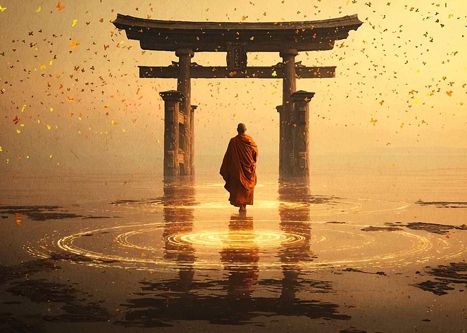 Monk walking through torii gate