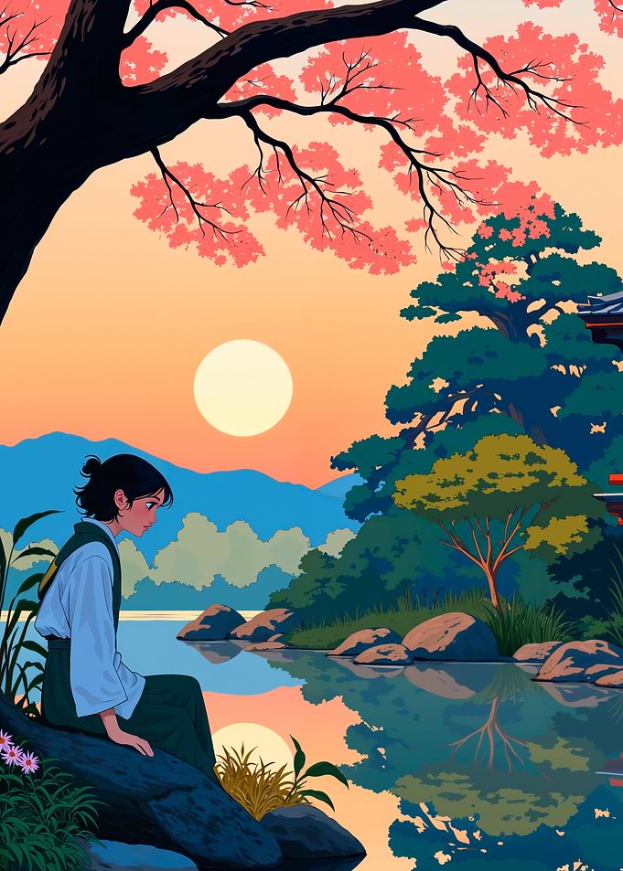 Japanese Landscape with Woman by Lake