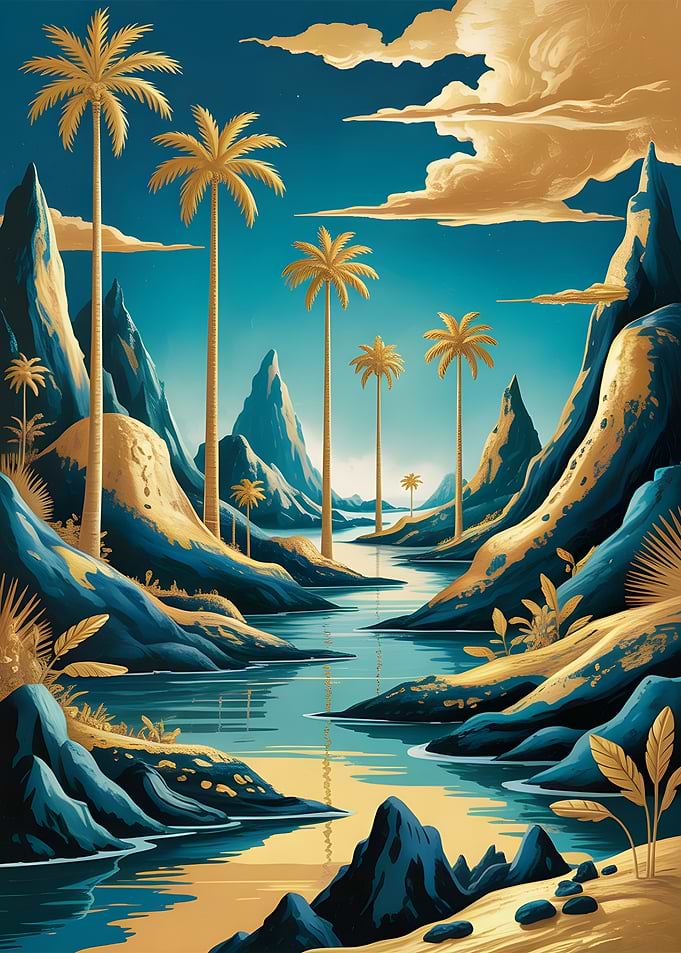 Tropical River Landscape with Palm Trees