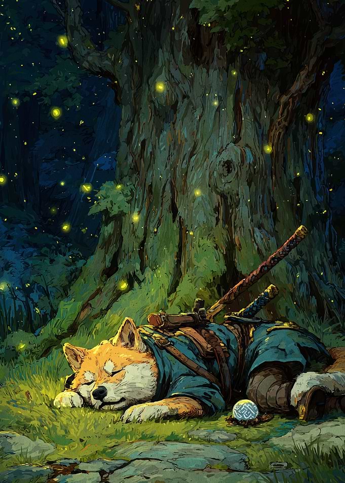 Sleeping Shiba Inu Warrior in Forest