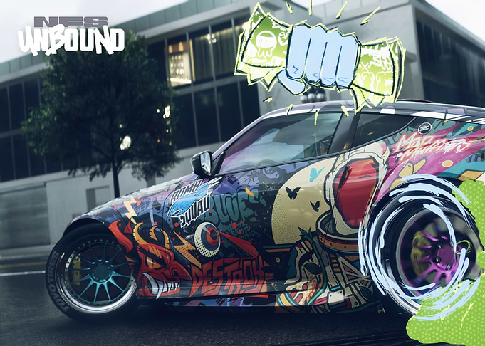 Graffiti-covered car with money graphic