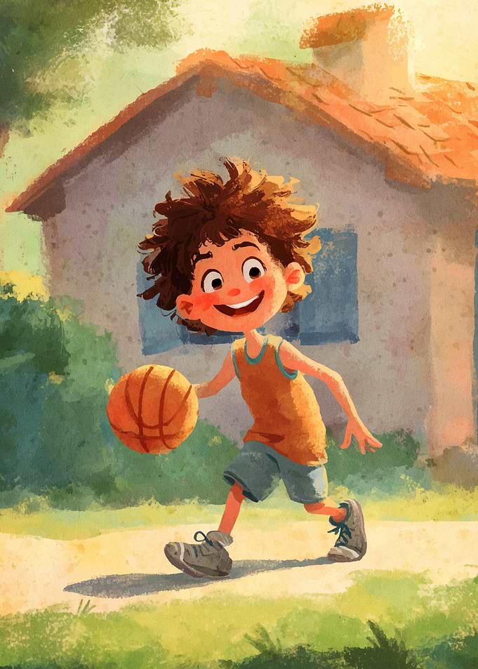 Boy Dribbling Basketball Cartoon Illustration