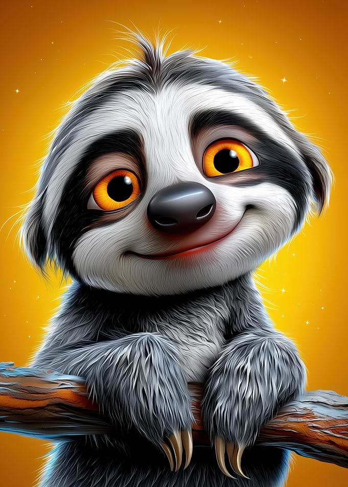 Cartoon Sloth on Branch with Smile