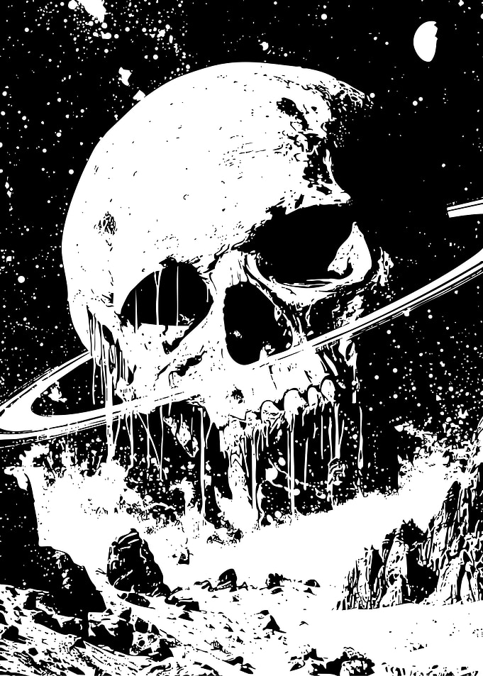 Monochrome Skull with Ringed Planet Aesthetic