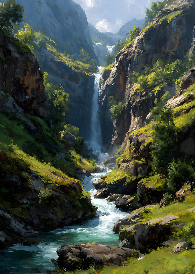 Waterfall in a Mountainous Landscape