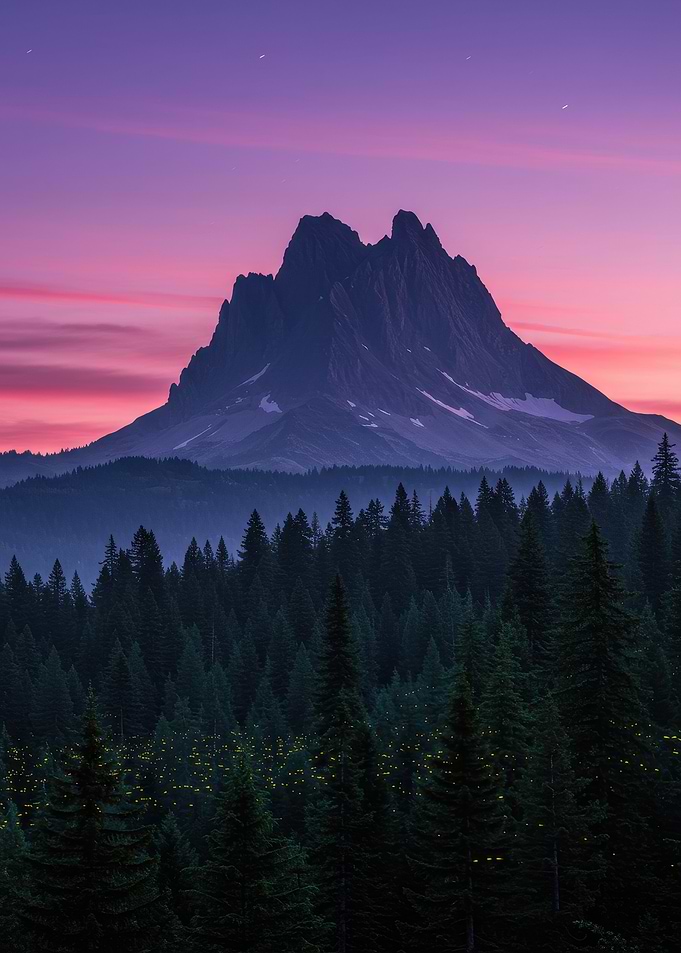 Mountain peak at dusk with forest