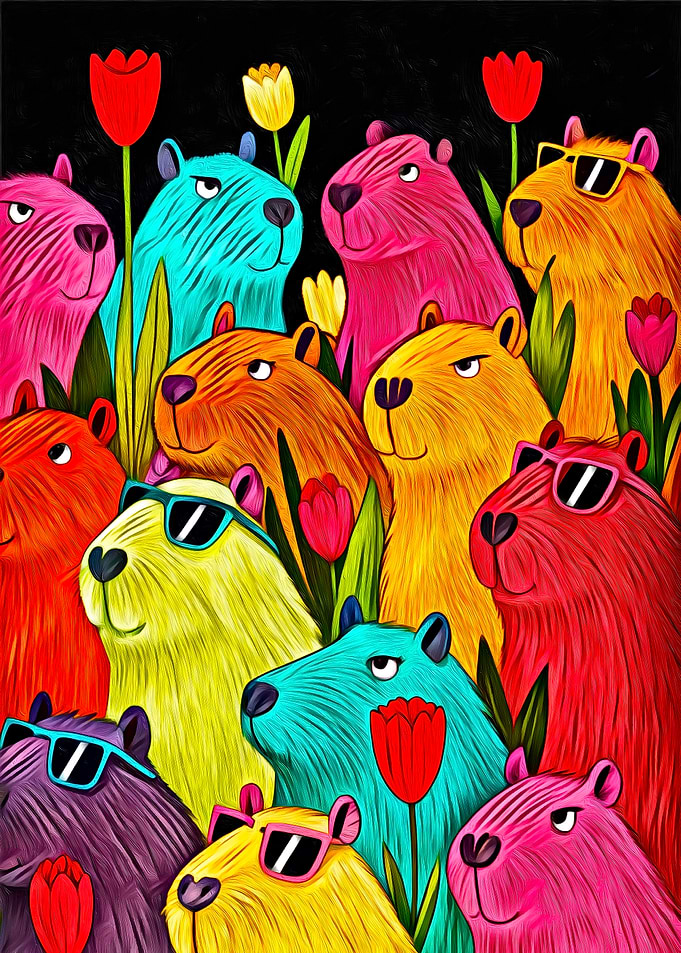 Colorful Capybaras with Sunglasses and Tulips