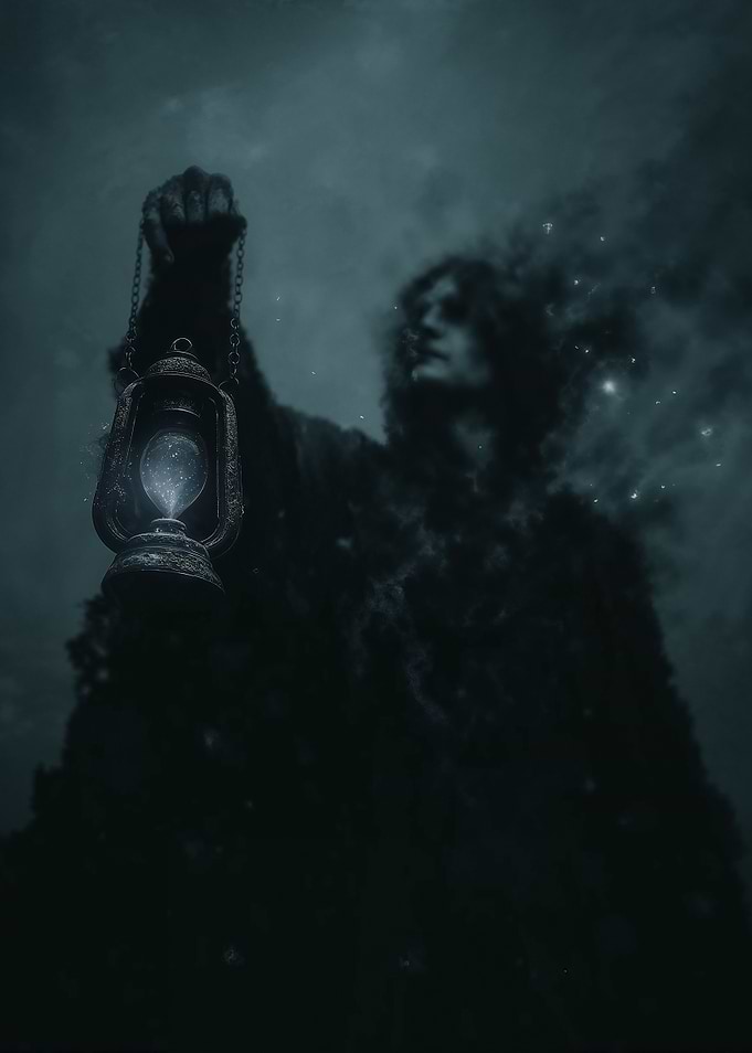 Mysterious Figure with Lantern in Darkness