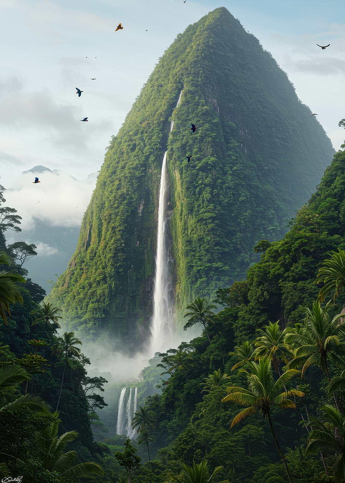 Lush Mountain Waterfall Landscape
